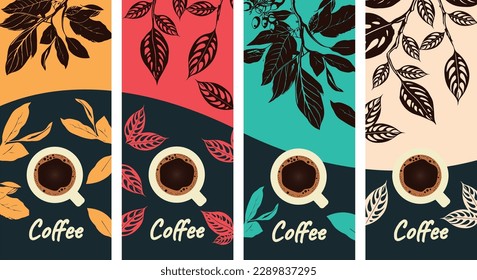 Coffee design poster set. Vector drawing coffee tree in different colors, poster layout, menu, banner. Design elements.