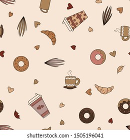 Coffee design. Seamless pattern background. Vector illustration. Donuts muffins
