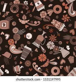 Coffee design. Seamless pattern background. Vector illustration. Croissant donut muffin