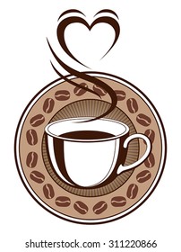 Coffee Design With Steaming Heart is an illustration of a design with a cup of coffee with steam coming off of it making the shape of a heart. Also includes a coffee bean ring and sunburst background.