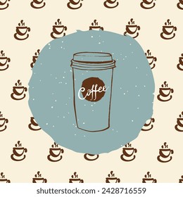 Plantilla de diseño de café con ilustración de garabato sobre café, taza de café, café para llevar. Plantilla de hipster de moda para flyer, banner, invitación, diseño de menú de restaurante o cafetería