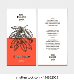 Coffee design template. Engraved style coffee tree leaves illustration. Vintage coffee design template. Vector illustration