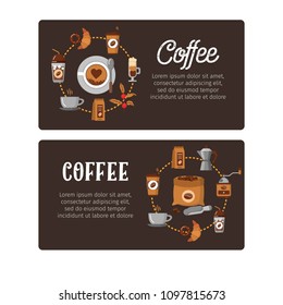 Coffee design templates. Modern icons for coffee shop and coffee house. Colorful template for for your design, prints and illustrations. Symbol for websites and print media. Flat style Vector banners