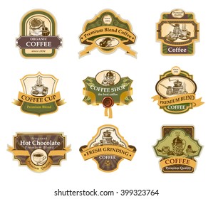 Coffee design templates ornamental labels set. Easy to scale and edit. All pieces are separated.