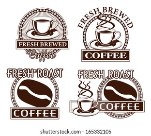 Coffee Designs is an illustration of four coffee designs. Includes images of a cup and saucer, coffee bean, sunburst, and a circle made of coffee beans.