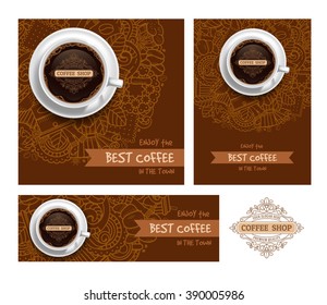 Coffee Designs Templates Set in Outline Hand Drawn Doodle Style with Different Objects on Coffee Theme.  Realistic Vector Coffee Cup on Center. Vector Illustration. 