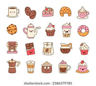 Coffee and dessert with croissant, cupcake, donut, espresso, chocolate, pudding, teapot, cappuccino, bubble tea, and takeaway cup for a perfect morning treat and for yours creative project.