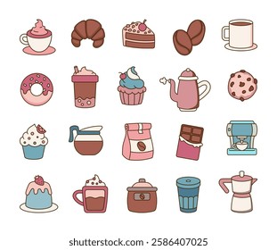 Coffee and dessert with croissant, cupcake, donut, espresso, chocolate, pudding, teapot, cappuccino, bubble tea, and takeaway cup for a perfect morning treat and for yours creative project.