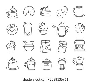 Coffee and dessert with croissant, cupcake, donut, espresso, chocolate, pudding, teapot, cappuccino, bubble tea, and takeaway cup for a perfect morning treat and for yours creative project.