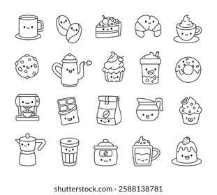 Coffee and dessert with croissant, cupcake, donut, espresso, chocolate, pudding, teapot, cappuccino, bubble tea, and takeaway cup for a perfect morning treat and for yours creative project.