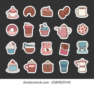 Coffee and dessert with croissant, cupcake, donut, espresso, chocolate, pudding, teapot, cappuccino, bubble tea, and takeaway cup for a perfect morning treat and for yours creative project.