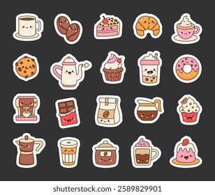 Coffee and dessert with croissant, cupcake, donut, espresso, chocolate, pudding, teapot, cappuccino, bubble tea, and takeaway cup for a perfect morning treat and for yours creative project.