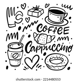 Coffee and dessert doodle style hand drawn black color outline vector illustration. Sketch art.