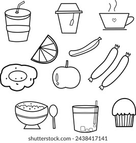 coffee, dessert, fast, food, soda, restaurant, pizza, drink, donut, hamburger, fastfood, sandwich, ice cream, hot dog, cheeseburger, sweet, junk, meat, vector, fries, eat, icon, snack, line, chicken, 