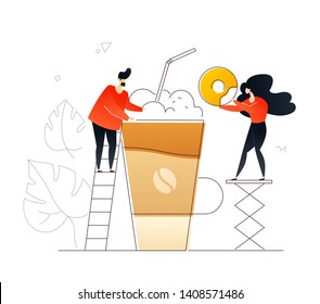 Coffee and dessert - flat design style colorful illustration on white background. An unusual composition with cute characters, a boy and girl, a cup of latte, donut. Cafe, confectionary concept