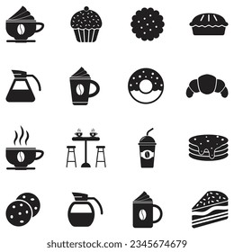 Iconos De Café Y Postre. Diseño plano negro. Ilustración vectorial.