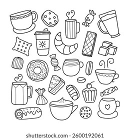 Coffee and dessert set, doodle illustration. Hand drawn vector, isolated, on white background