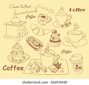 Coffee. Coffee and dessert. A set of hand-painted images of coffee and cake with the inscription. I love coffee! vector
