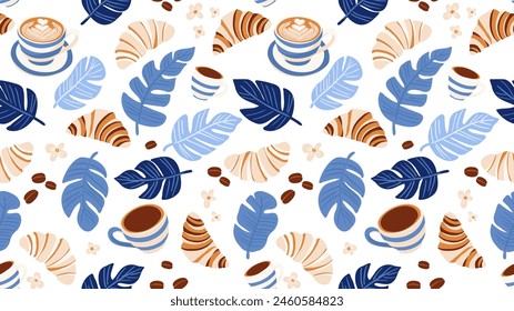 Coffee Desserts croissant Seamless Pattern. White background Vector illustration, simple flat style. Tropical Theme. Design Textile Printing, Packaging gift wrapping wallpaper, Accessories, stationery