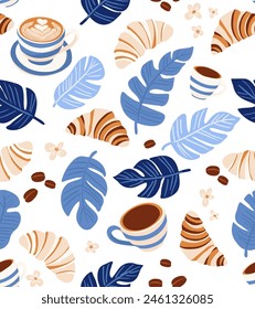 Coffee Desserts croissant Seamless Pattern. White background Vector illustration, simple flat style. Tropical Theme. Design Textile Printing, Packaging gift wrapping wallpaper, Accessories, stationery