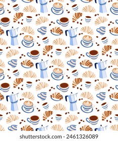 Coffee Desserts croissant Seamless Pattern. White background Vector illustration, simple flat style. Design Textile Printing, Packaging gift wrapping wallpaper, Accessories, stationery