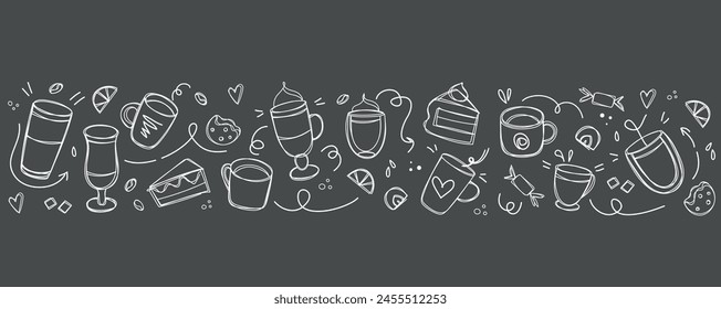 Coffee and desserts in doodle style drawing with chalk on a black board. Sketch of different cups of coffee and cappuccino. Banner, border, background for cafe shop, card, banner etc.