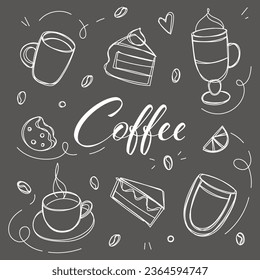 Coffee and desserts in doodle style drawn with chalk on a black board. Sketch of different cups of coffee and cappuccino. Art background for cafe shop, card, banner etc.