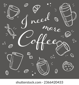 Coffee and desserts in doodle style drawn with chalk on a black board. Sketch of different cups of coffee and cappuccino. Art background for cafe shop, card, banner etc.