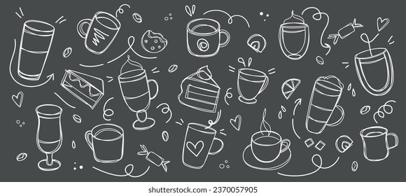 Coffee and desserts in doodle style drawn with chalk on a black board. Sketch of different cups of coffee and cappuccino. Banner Art background for cafe shop, card, banner etc.