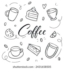 Coffee and desserts in doodle style drawn. Sketch of different cups of coffee and cappuccino. Art background for cafe shop, card, banner etc.