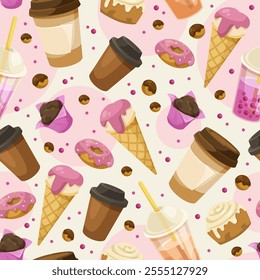 Coffee, desserts, and ice cream pattern on pink backdrop. Vector illustration