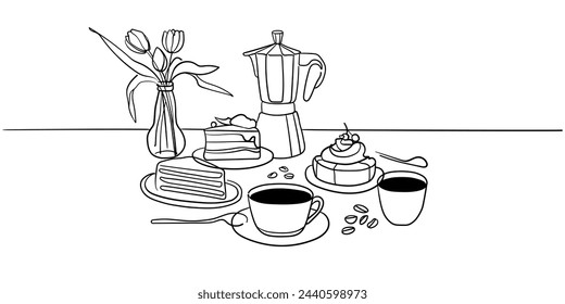 Coffee with desserts line art drawing on white background. Breakfast on the table with flowers. Vector illustration