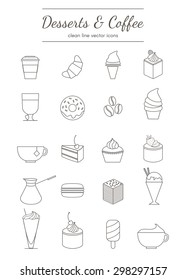 Coffee and desserts outline icons set 