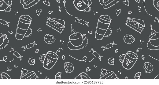 Coffee and desserts seamless pattern in doodle style drawing with chalk on a black board. Sketch of different cups of coffee and cappuccino. Background for cafe shop, card, banner etc.