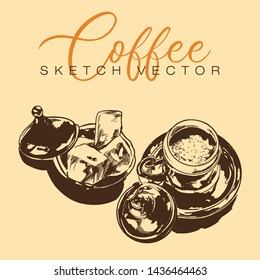 Coffee and desserts Sketch vector set illustration.