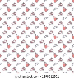 Coffee and desserts vector seamless pattern. Simple pink and gray sweets and hot drinks background