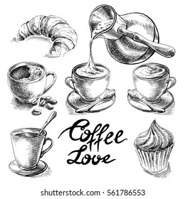 Coffee and desserts vector set illustration.