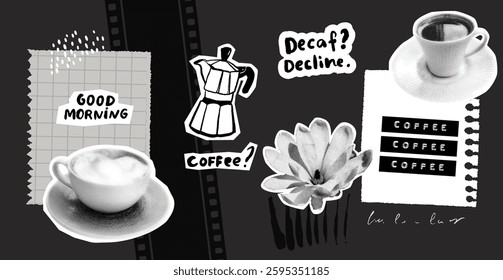 coffee diary page, back and white coffee collage, cappuccino cup, moka pot and handwritten quotes, torn grid paper and floral sticker. Vector template of journal page