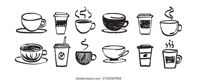 Café en diferentes tazas en el estilo de doodle dibujado a mano. elemento de tiempo de café bebida caliente. Ilustración vectorial