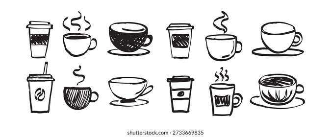 café em diferentes copos no conjunto desenhado à mão estilo doodle. café time element bebida quente. Ilustração vetorial