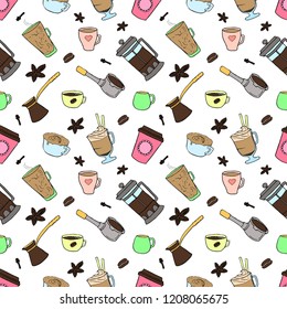 Coffee of different types is drawn on a light background in cartoon style. Seamless pattern.