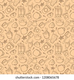 Coffee of different types is drawn on a light background seamless pattern.