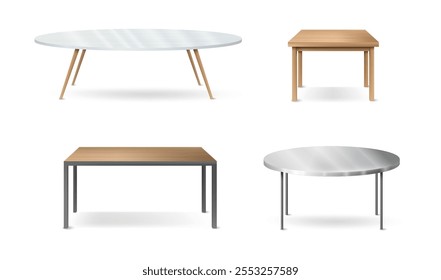 Mesa de café e jantar para design de interiores em casa. Vetor conjunto isolado de discos realistas para mobiliário de casa, habitação ou apartamento. Confortável retangular e forma arredondada mesas