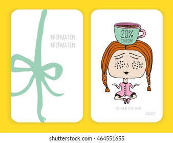 Coffee discount card. template for your design.  Girl and cup of coffee. Meditation. Doodle. 