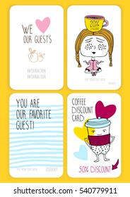 Coffee discount card. template for your design. Girl and cup of coffee. Meditation. Doodle.