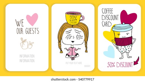 Coffee discount card. template for your design. Girl and cup of coffee. Meditation. Doodle.