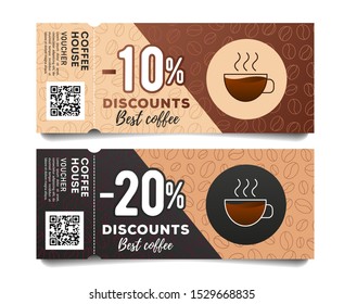 Coffee discount coupon voucher with torn off part, with coffee cup and beans graphic and typography