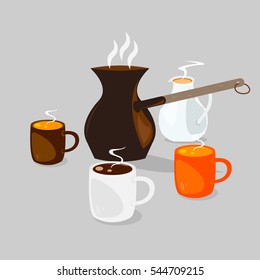 Coffee dishes set with hot coffee