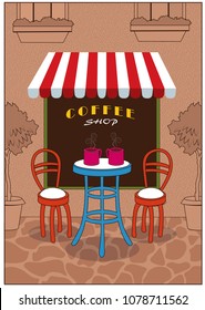 Coffee is displayed outside a cafe.