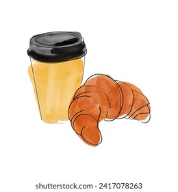 coffee in a disposable cup with a croissant in watercolor style